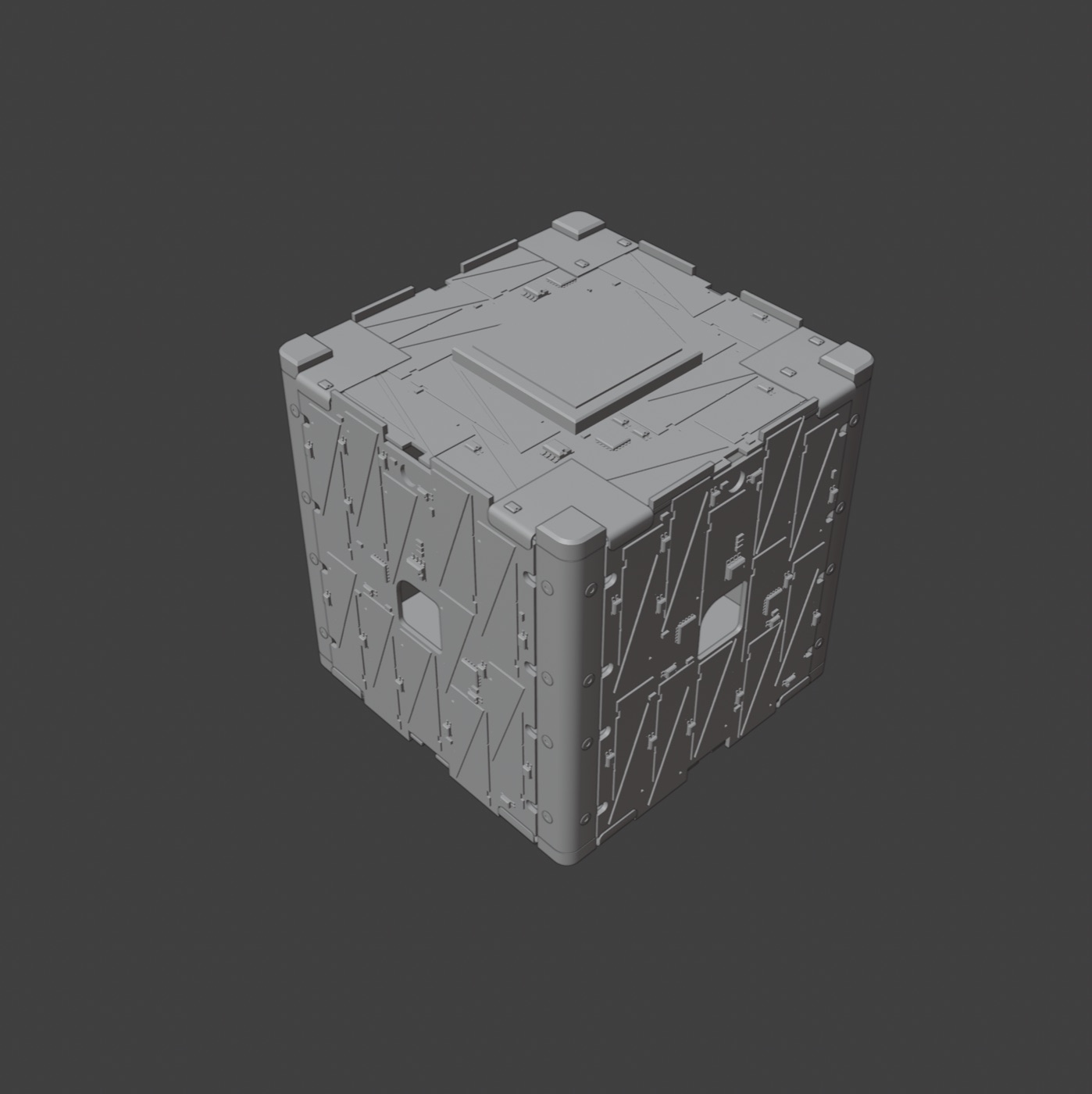 Raw CAD model, an untextured satellite on a flat grey viewport